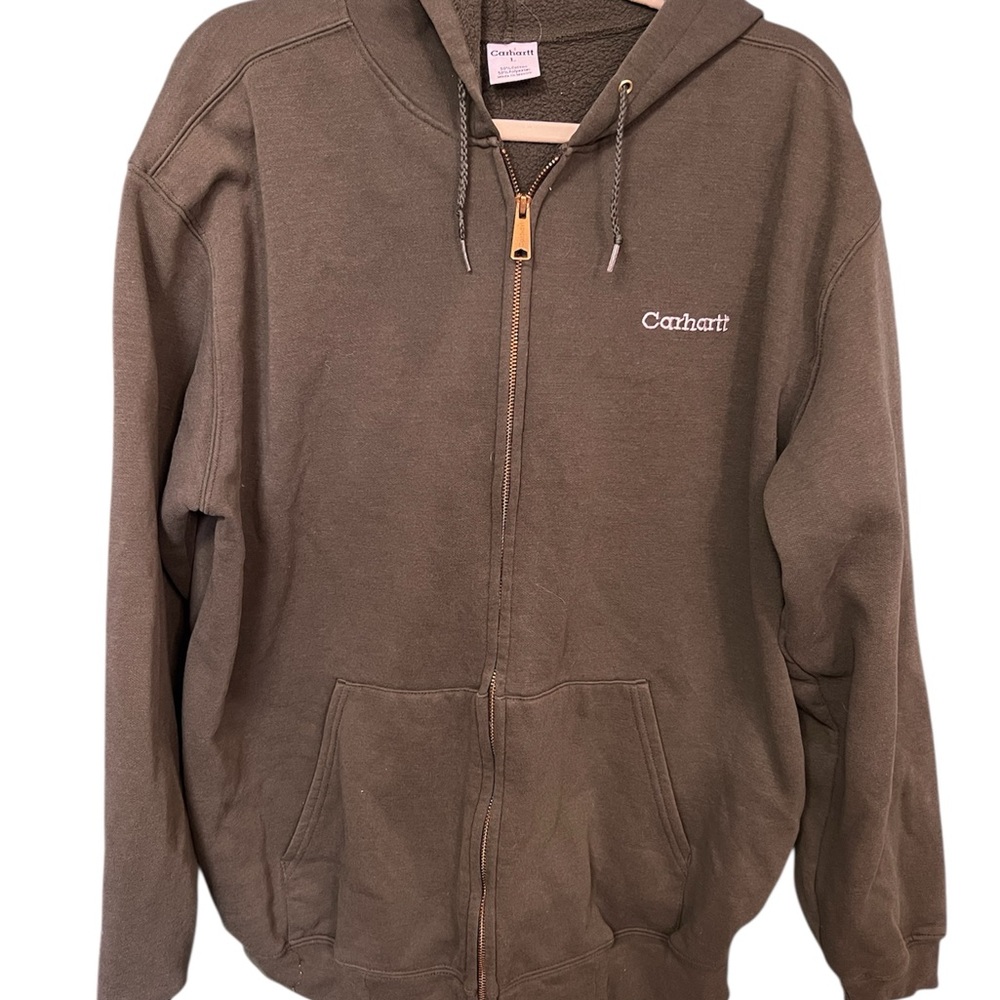 🧥 Vintage Carhartt Full-Zip Hoodie Jacket Olive Green Sherpa Lined Size L - Picture 3 of 7